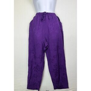 Vintage 90s Purple Silk Jacquard Boho Floral loungewear pants L Lemon Grass